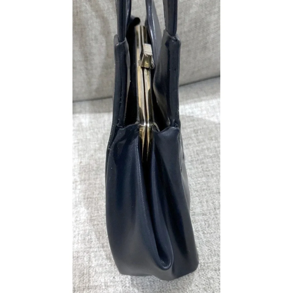 Vintage Navy Blue Faux Leather Shoulder Bag Gold Tone Minimalist